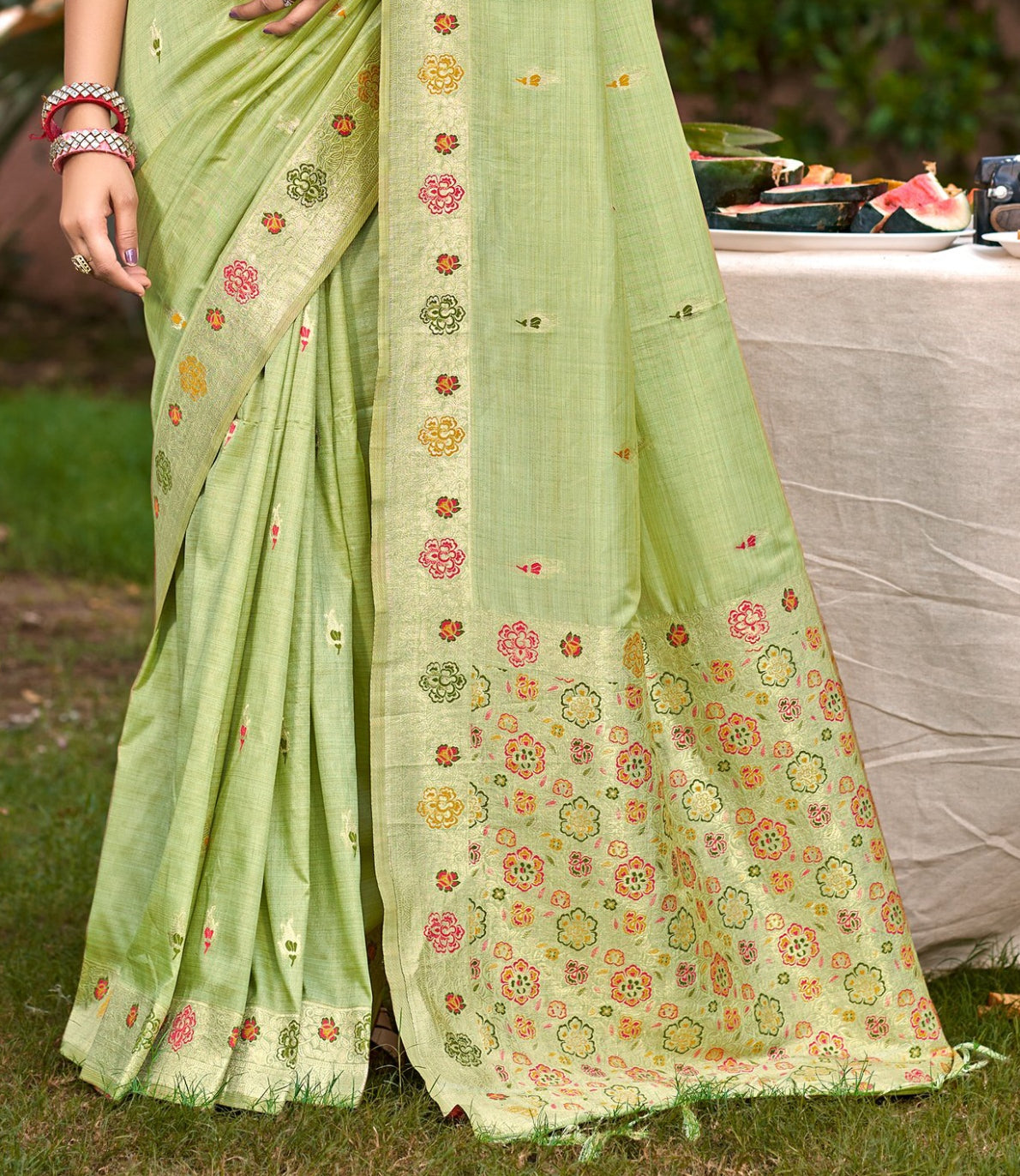 Sangam Prints Lite Green Heavy Assam Silk Saree With Meena Woven Work Traditional Saree | Grocsy