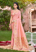 Sangam Prints Peach Heavy Assam Silk Saree With Meena Woven Work Traditional Saree | Grocsy