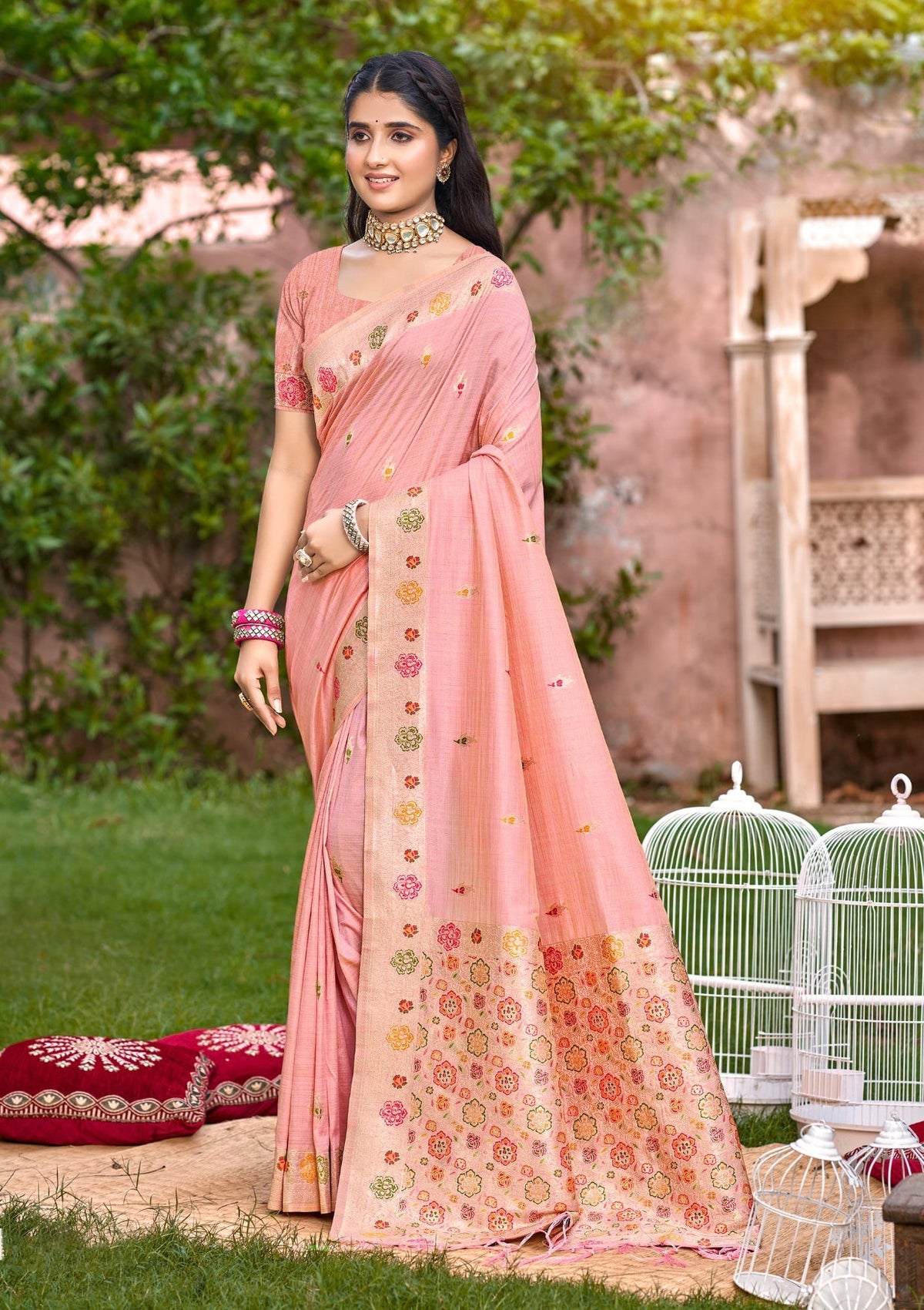 Sangam Prints Peach Heavy Assam Silk Saree With Meena Woven Work Traditional Saree | Grocsy