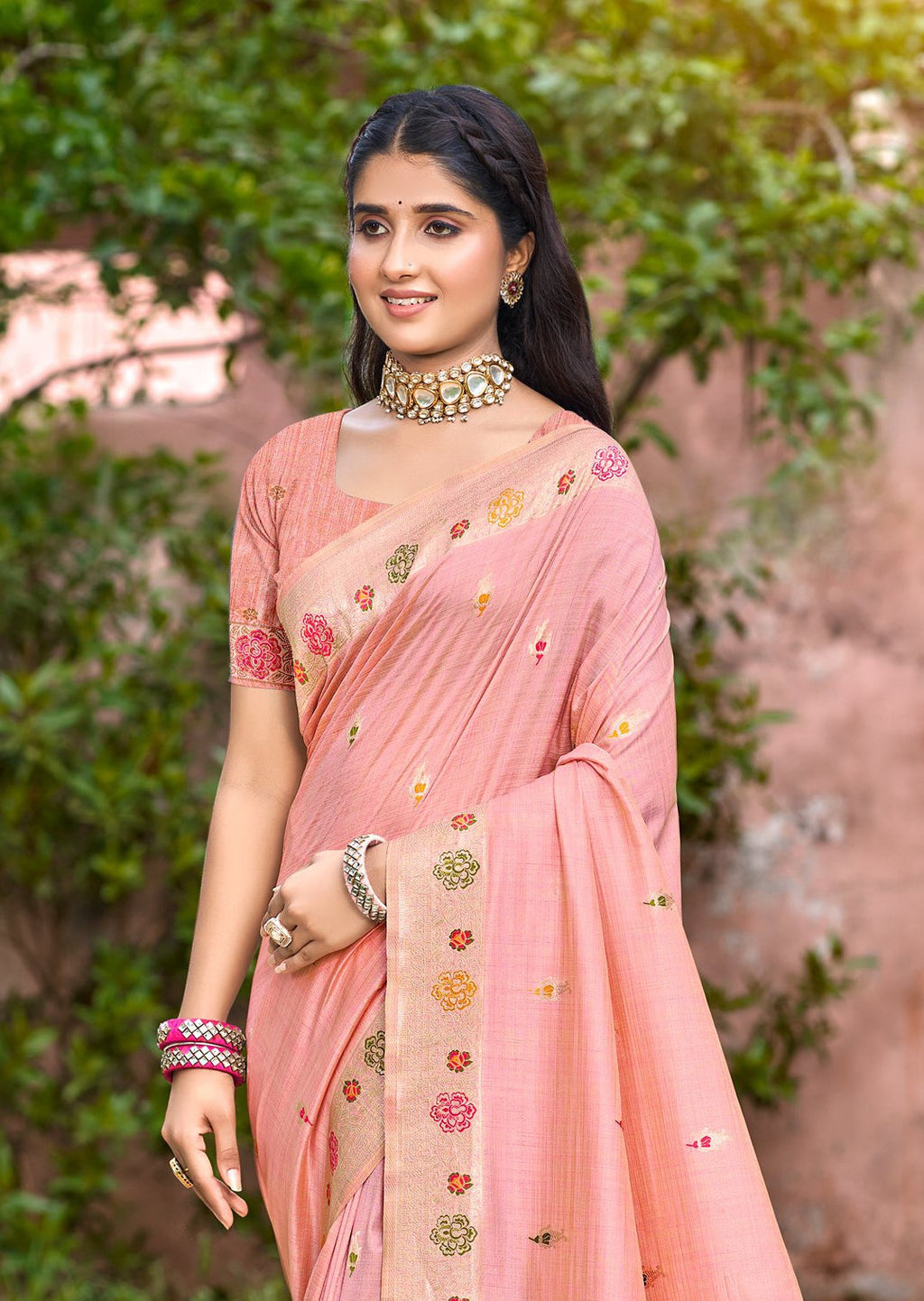 Sangam Prints Peach Heavy Assam Silk Saree With Meena Woven Work Traditional Saree | Grocsy