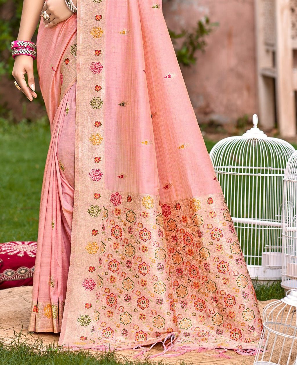 Sangam Prints Peach Heavy Assam Silk Saree With Meena Woven Work Traditional Saree | Grocsy