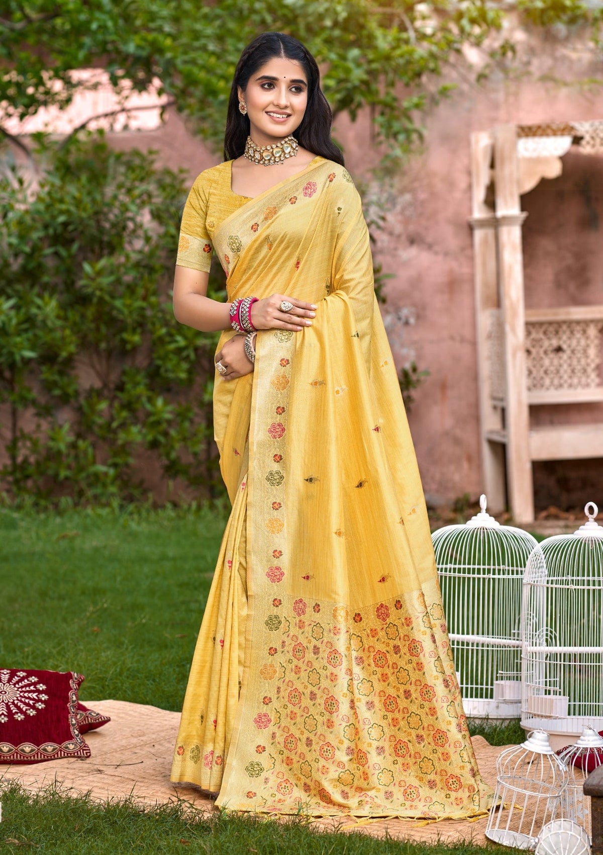 Sangam Prints Yellow Heavy Assam Silk Saree With Meena Woven Work Traditional Saree | Grocsy