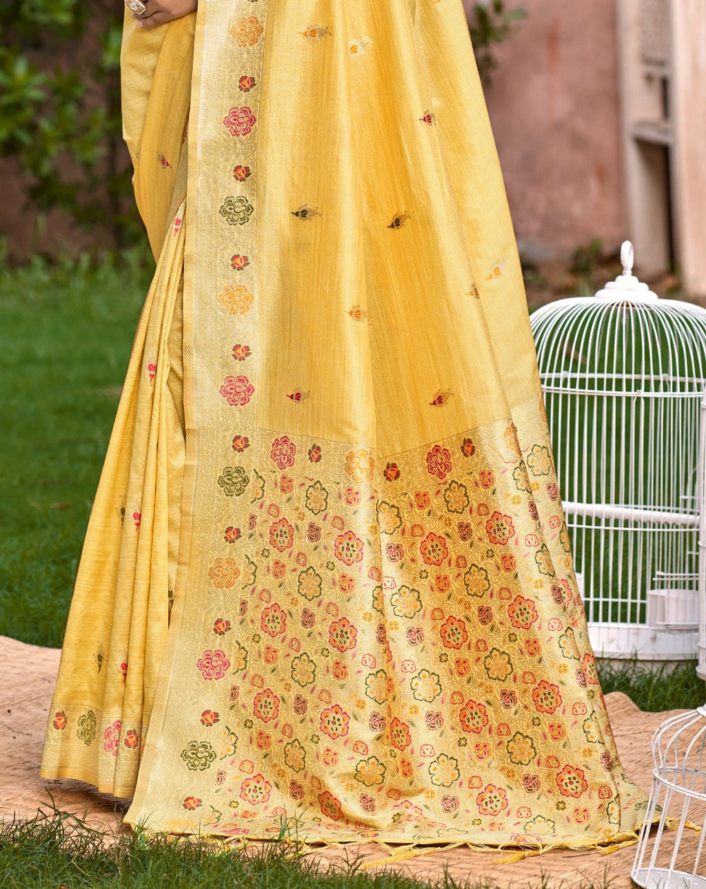 Sangam Prints Yellow Heavy Assam Silk Saree With Meena Woven Work Traditional Saree | Grocsy