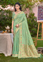 Sangam Prints Sea Green Heavy Assam Silk Saree With Meena Woven Work Traditional Saree | Grocsy
