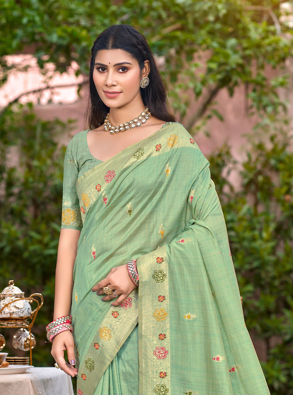 Sangam Prints Sea Green Heavy Assam Silk Saree With Meena Woven Work Traditional Saree | Grocsy