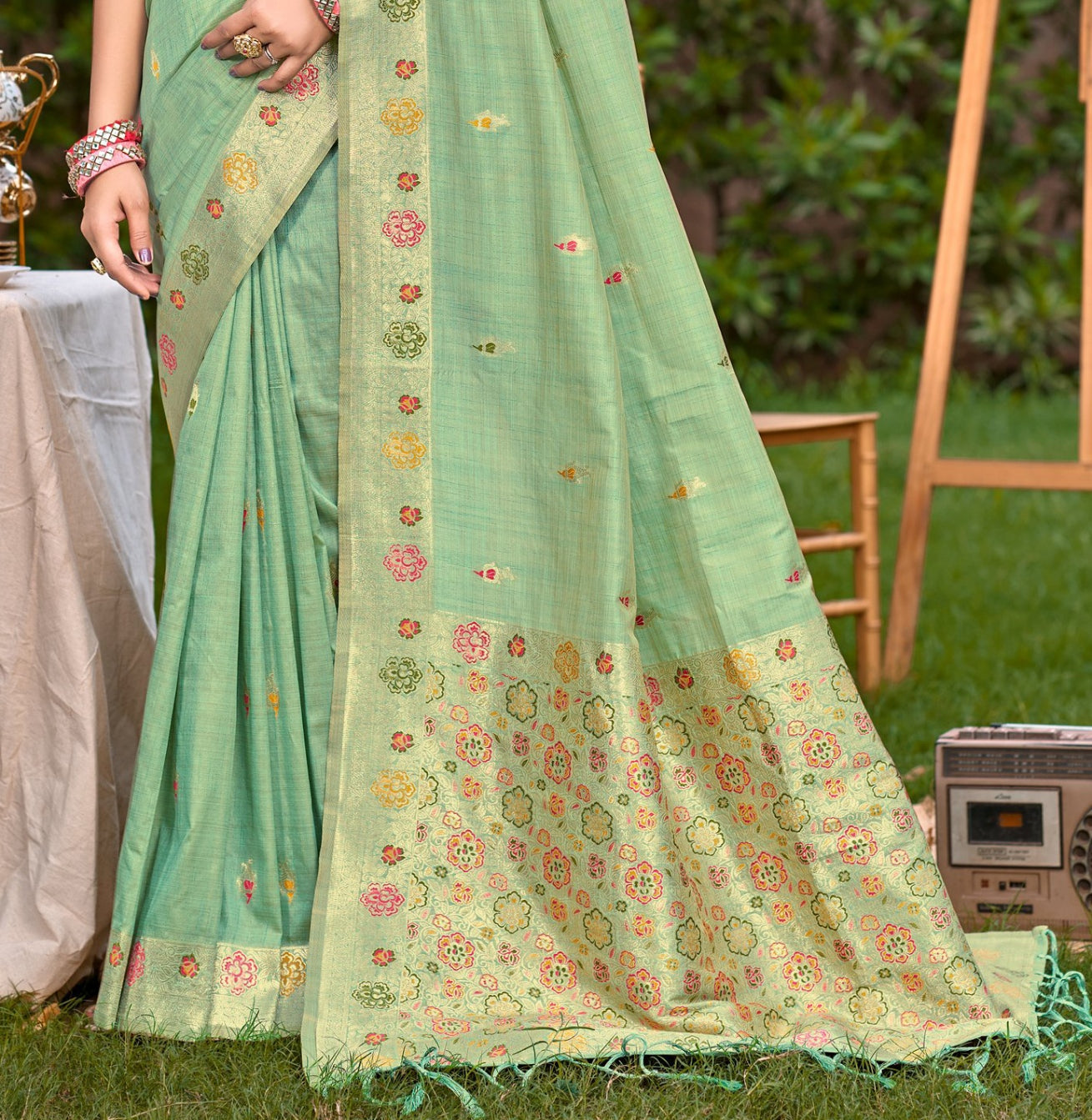 Sangam Prints Sea Green Heavy Assam Silk Saree With Meena Woven Work Traditional Saree | Grocsy