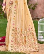 Sangam Prints Cream Heavy Assam Silk Saree With Meena Woven Work Traditional Saree | Grocsy