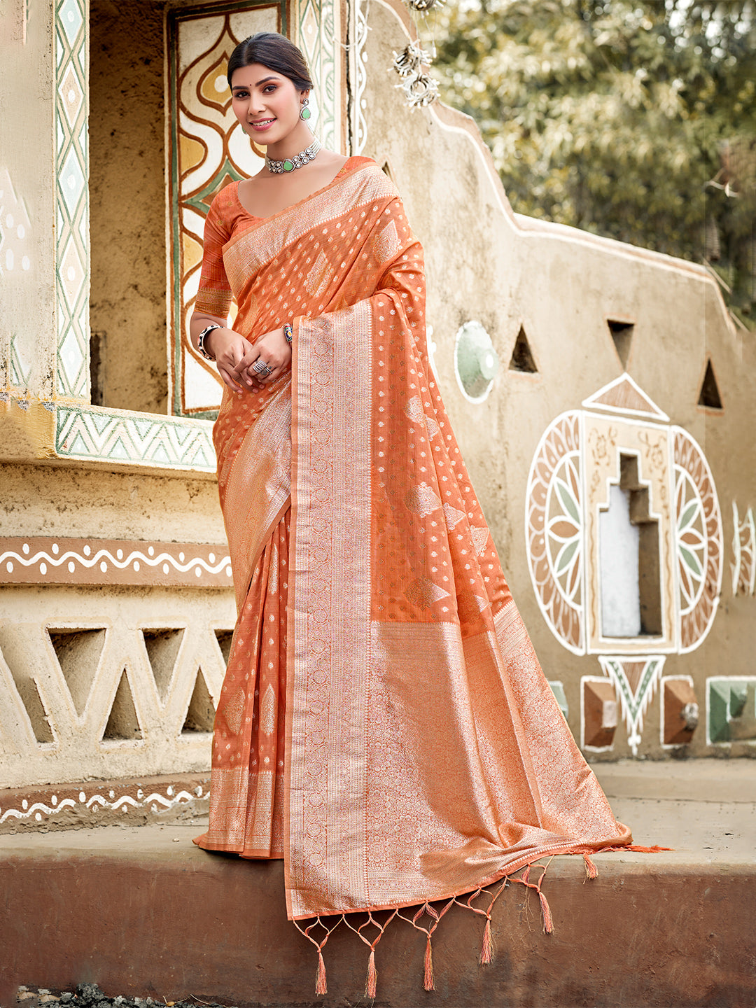 Sangam Prints Orange Assam Silk Woven Work Traditional Saree | Grocsy