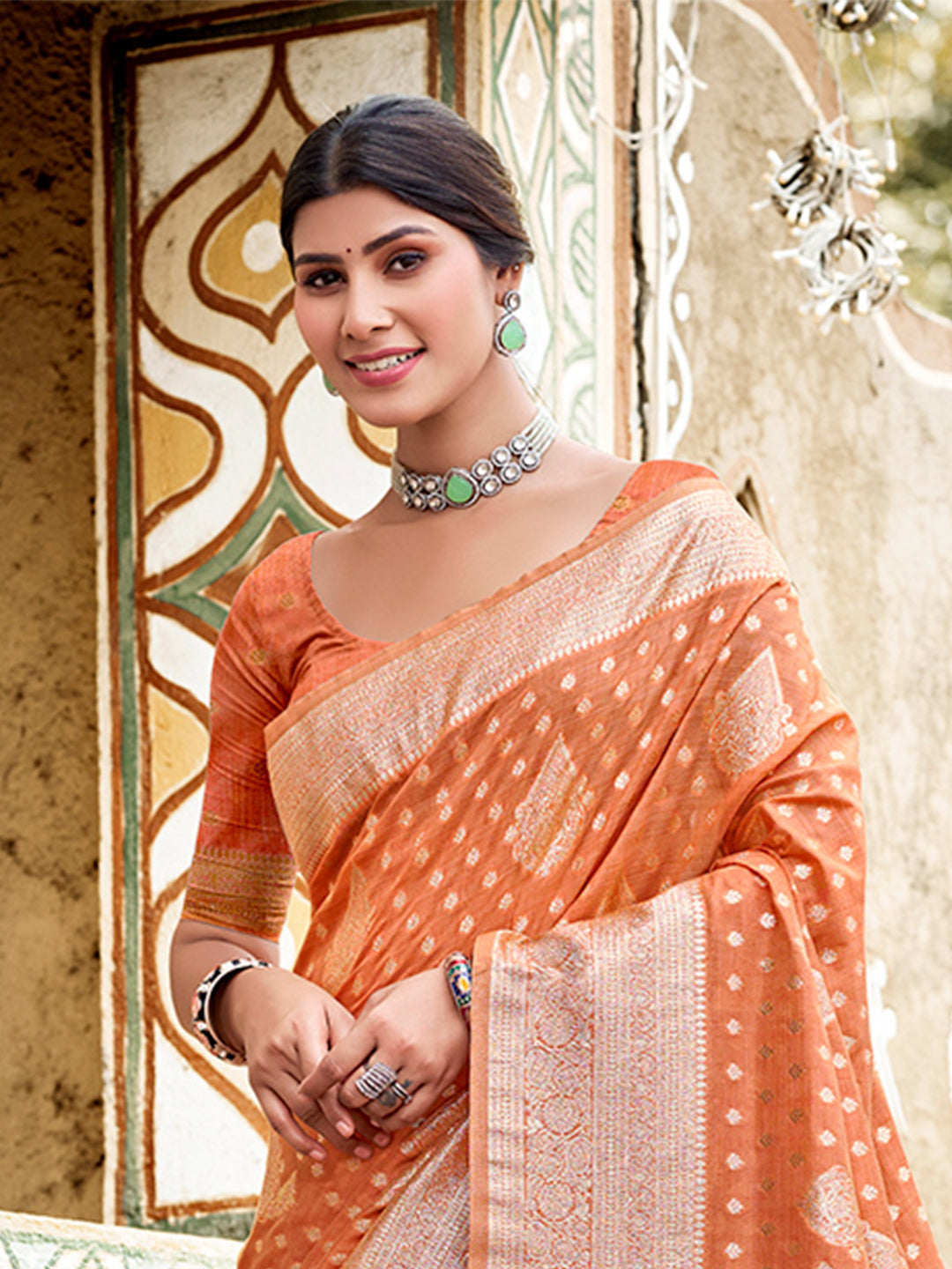 Sangam Prints Orange Assam Silk Woven Work Traditional Saree | Grocsy