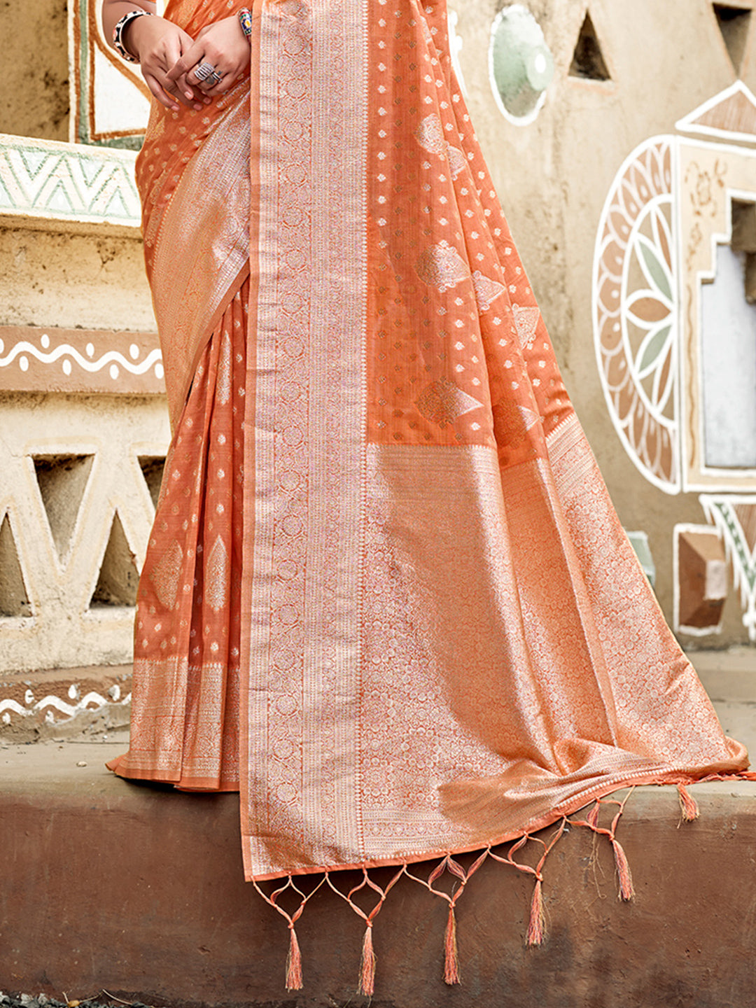 Sangam Prints Orange Assam Silk Woven Work Traditional Saree | Grocsy