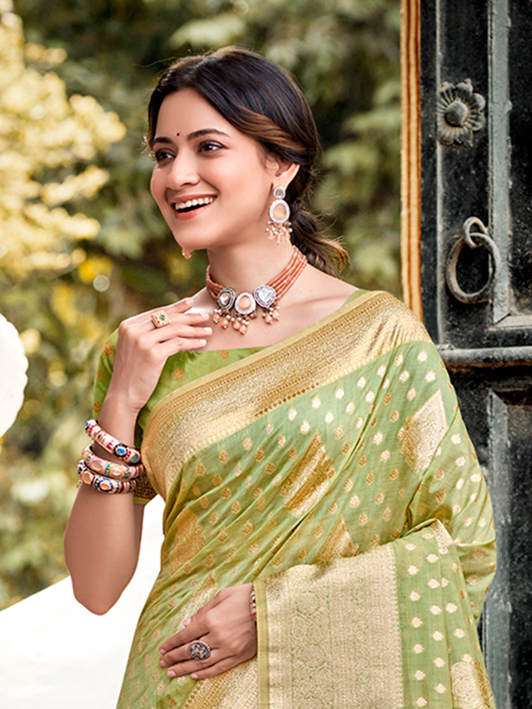 Sangam Prints Mint Green Assam Silk Woven Work Traditional Saree | Grocsy