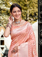 Sangam Prints Peach Assam Silk Woven Work Traditional Saree | Grocsy