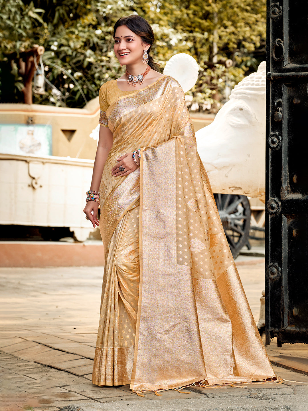 Sangam Prints Cream Assam Silk Woven Work Traditional Saree | Grocsy