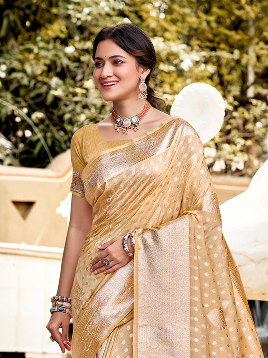 Sangam Prints Cream Assam Silk Woven Work Traditional Saree | Grocsy