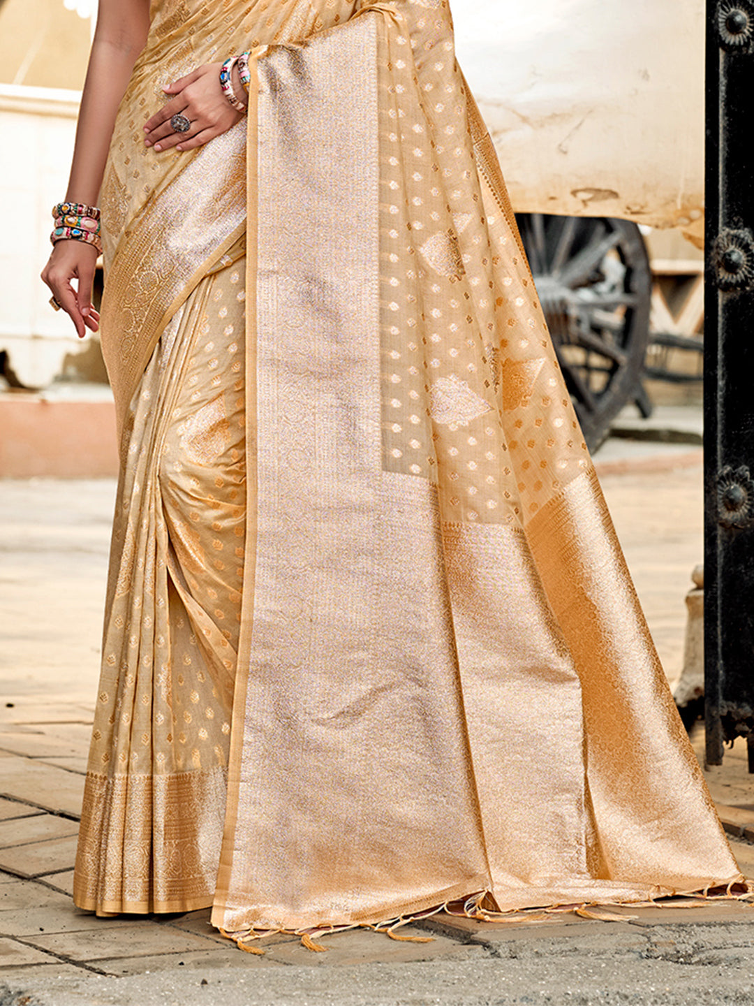 Sangam Prints Cream Assam Silk Woven Work Traditional Saree | Grocsy