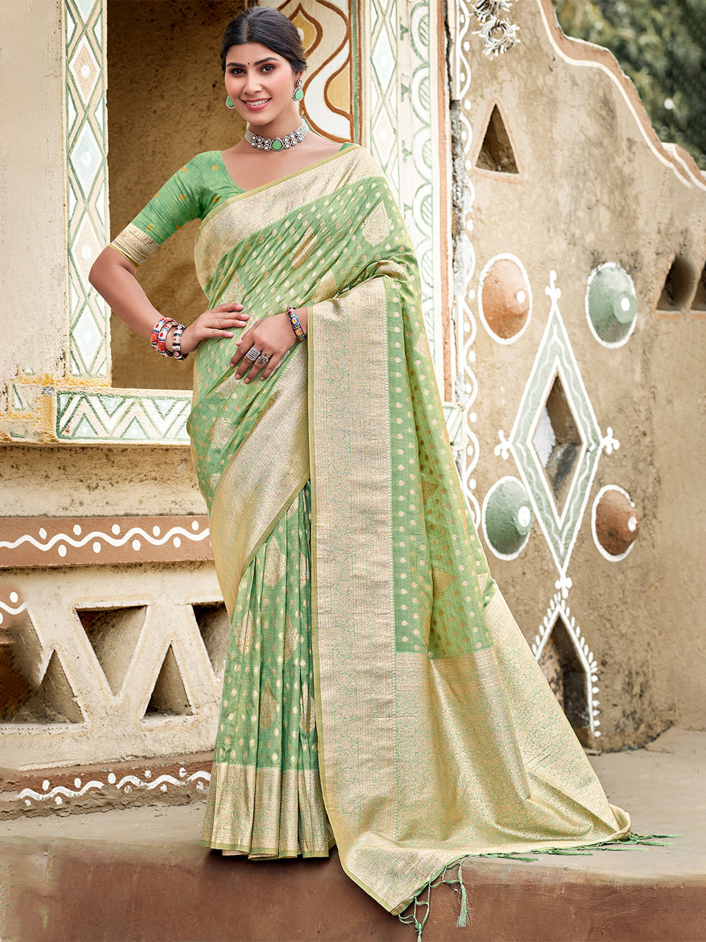 Sangam Prints Sea Green Assam Silk Woven Work Traditional Saree | Grocsy