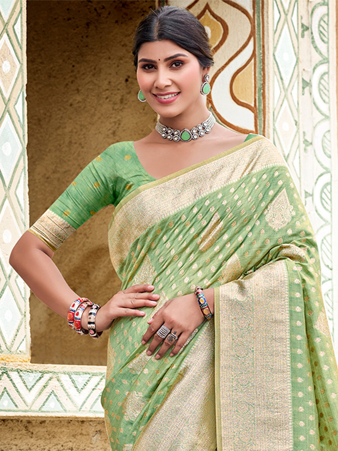 Sangam Prints Sea Green Assam Silk Woven Work Traditional Saree | Grocsy