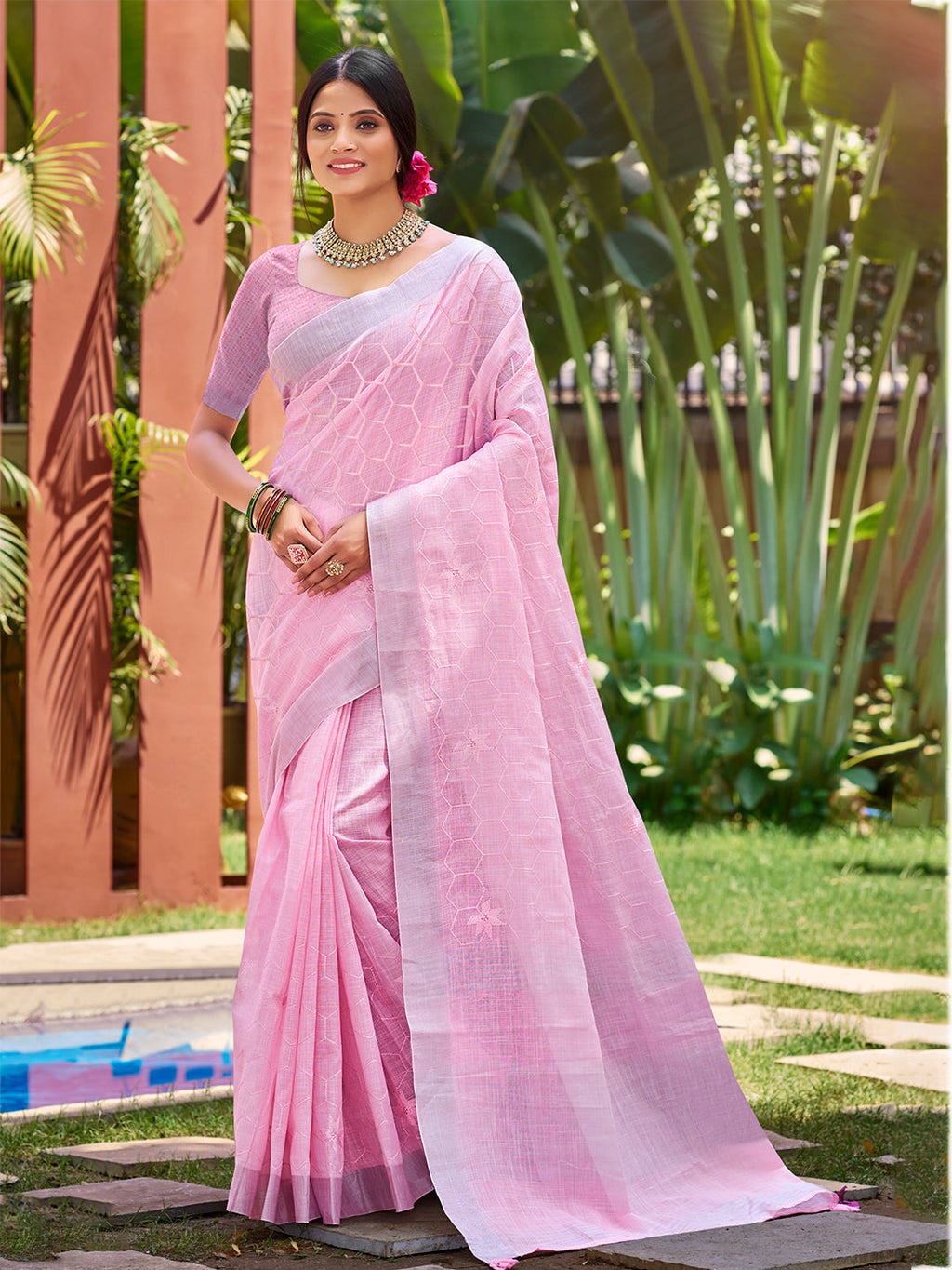 Sangam Prints Pink Linen Woven Work Traditional Saree | Grocsy