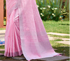 Sangam Prints Pink Linen Woven Work Traditional Saree | Grocsy