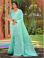 Sangam Prints Mint Green Linen Woven Work Traditional Saree | Grocsy
