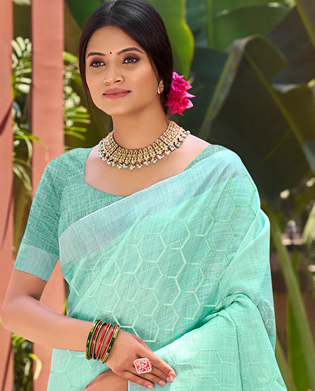 Sangam Prints Mint Green Linen Woven Work Traditional Saree | Grocsy
