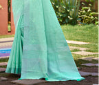 Sangam Prints Mint Green Linen Woven Work Traditional Saree | Grocsy