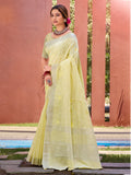 Sangam Prints Yellow Linen Woven Work Traditional Saree | Grocsy