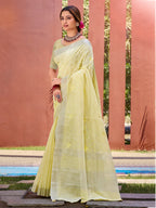 Sangam Prints Yellow Linen Woven Work Traditional Saree | Grocsy