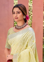 Sangam Prints Yellow Linen Woven Work Traditional Saree | Grocsy