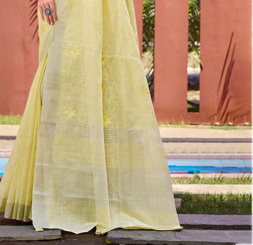 Sangam Prints Yellow Linen Woven Work Traditional Saree | Grocsy