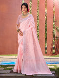 Sangam Prints Pink Linen Woven Work Traditional Saree | Grocsy