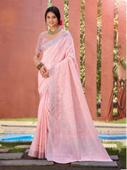 Sangam Prints Pink Linen Woven Work Traditional Saree | Grocsy