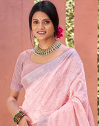 Sangam Prints Pink Linen Woven Work Traditional Saree | Grocsy