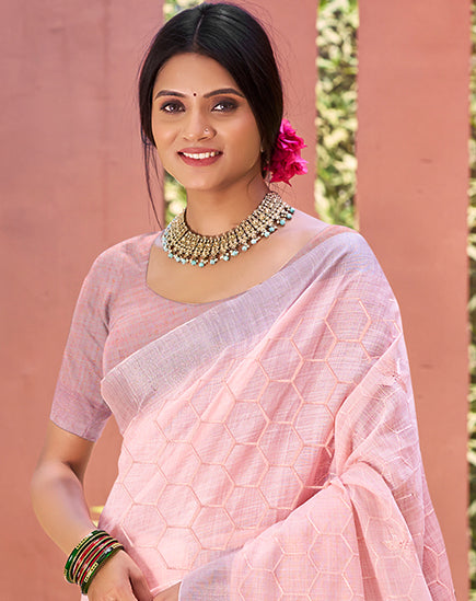 Sangam Prints Pink Linen Woven Work Traditional Saree | Grocsy