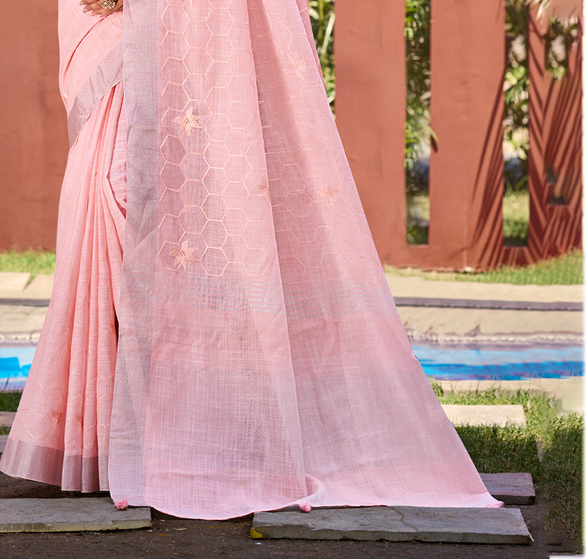 Sangam Prints Pink Linen Woven Work Traditional Saree | Grocsy