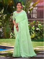 Sangam Prints Light Green Linen Woven Work Traditional Saree | Grocsy
