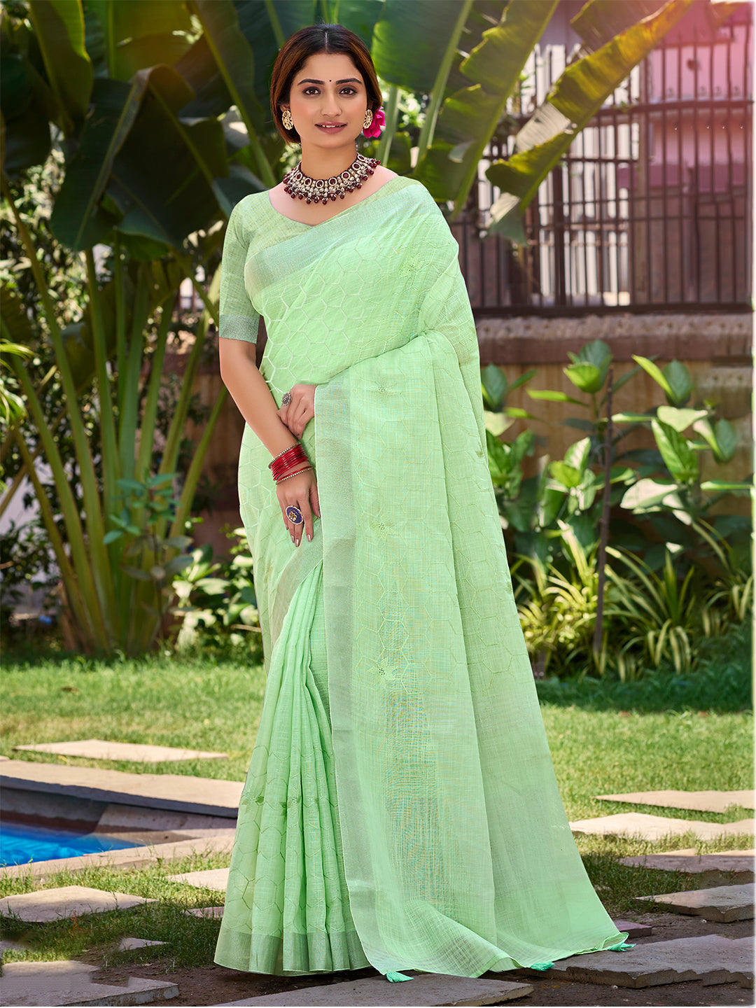 Sangam Prints Light Green Linen Woven Work Traditional Saree | Grocsy