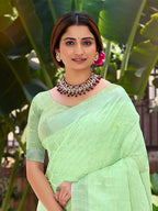 Sangam Prints Light Green Linen Woven Work Traditional Saree | Grocsy