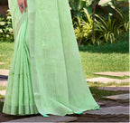 Sangam Prints Light Green Linen Woven Work Traditional Saree | Grocsy