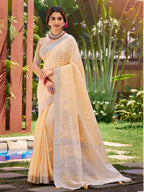 Sangam Prints Peach Linen Woven Work Traditional Saree | Grocsy