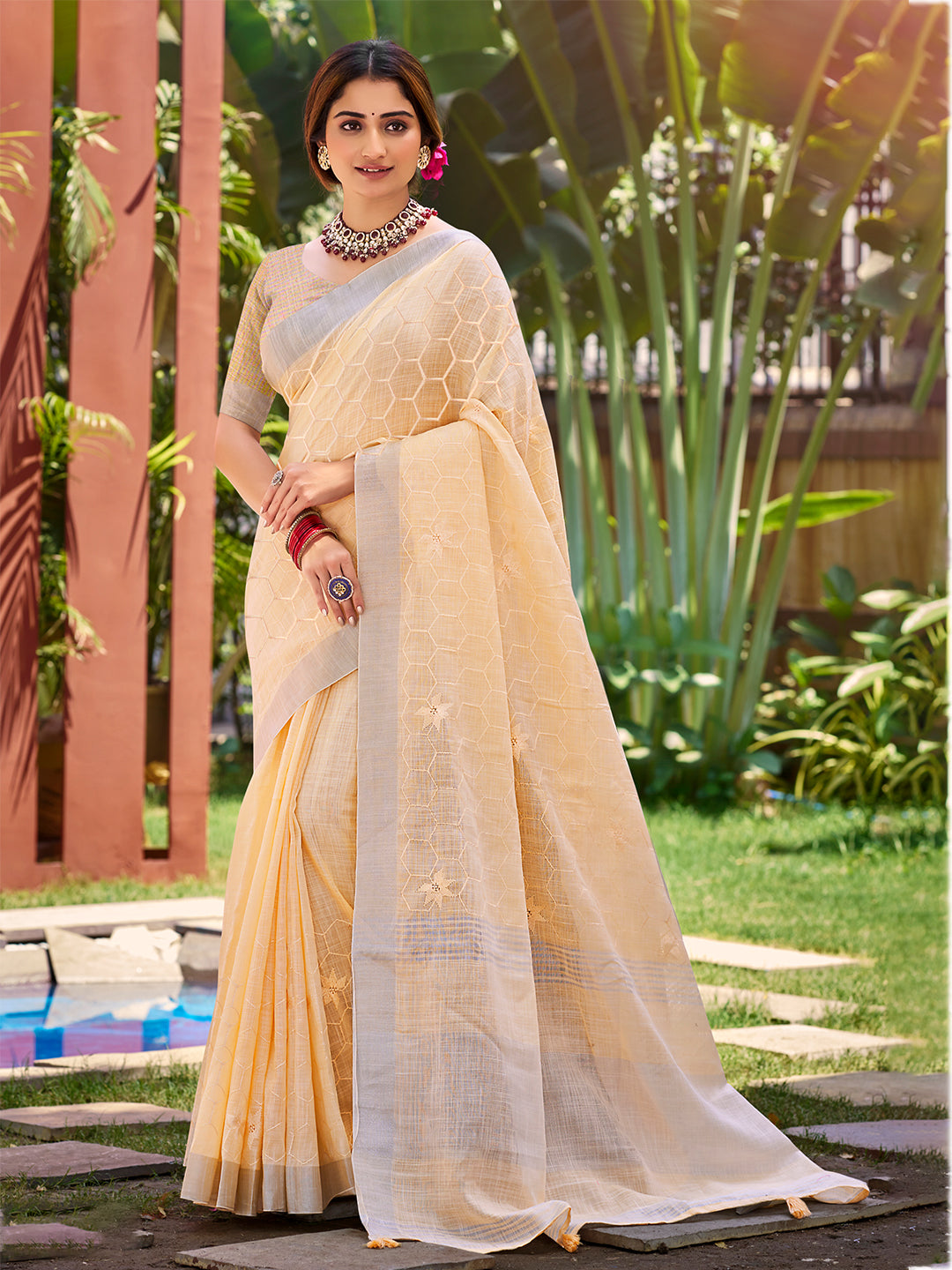 Sangam Prints Peach Linen Woven Work Traditional Saree | Grocsy