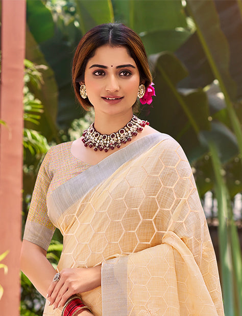 Sangam Prints Peach Linen Woven Work Traditional Saree | Grocsy