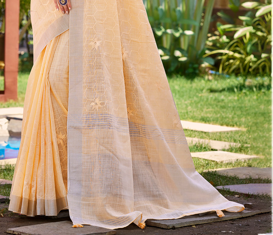 Sangam Prints Peach Linen Woven Work Traditional Saree | Grocsy