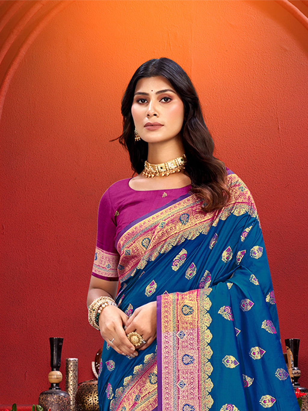 Sangam Prints Teal Blue Silk Woven Work Traditional Saree | Grocsy
