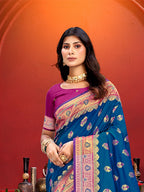 Sangam Prints Teal Blue Silk Woven Work Traditional Saree | Grocsy