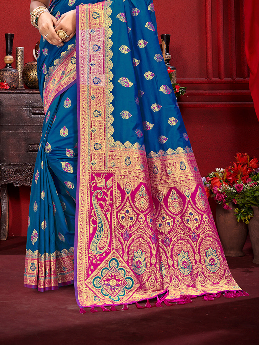 Sangam Prints Teal Blue Silk Woven Work Traditional Saree | Grocsy