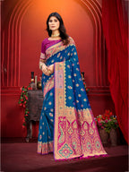 Sangam Prints Teal Blue Silk Woven Work Traditional Saree | Grocsy