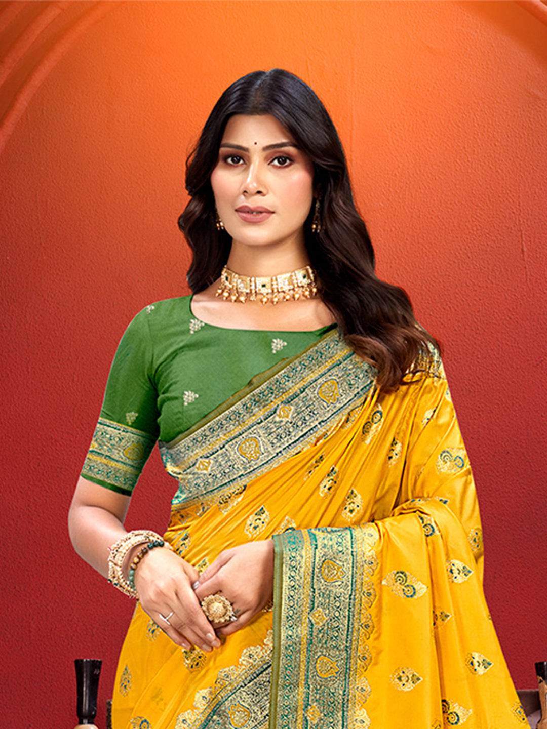 Sangam Prints Yellow Silk Woven Work Traditional Saree | Grocsy