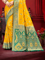 Sangam Prints Yellow Silk Woven Work Traditional Saree | Grocsy