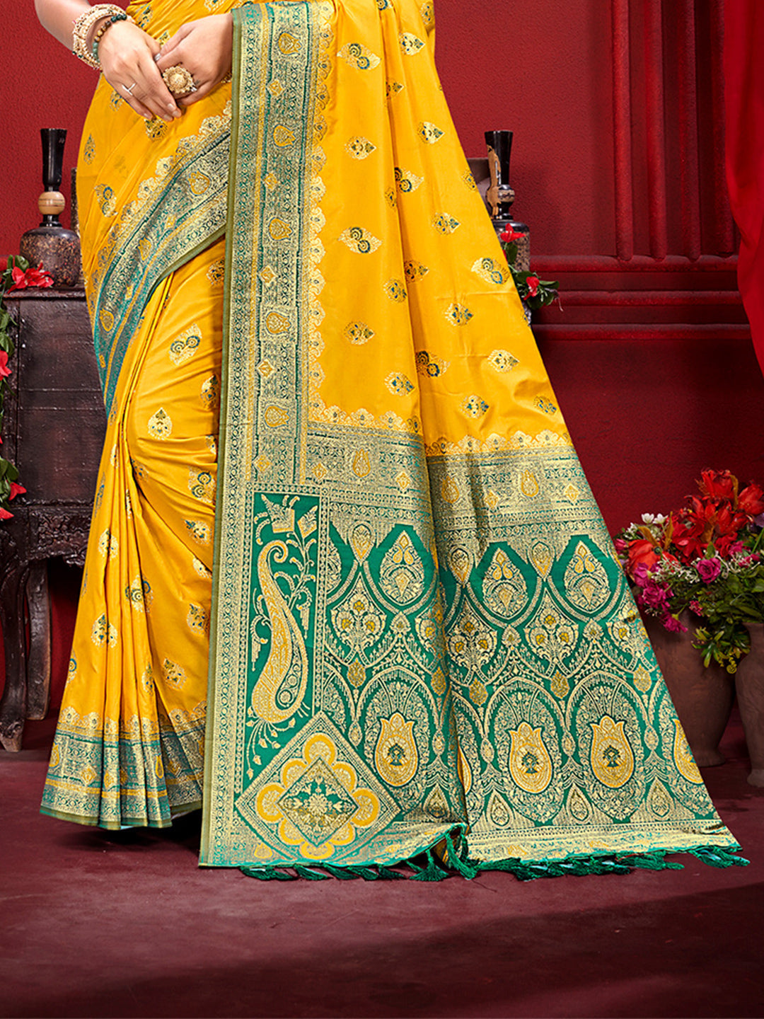Sangam Prints Yellow Silk Woven Work Traditional Saree | Grocsy